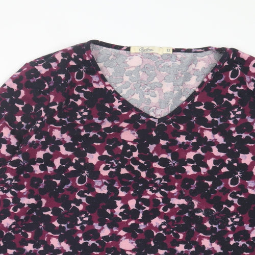 Onfire Womens Purple Floral Polyester Basic T-Shirt Size 12 V-Neck