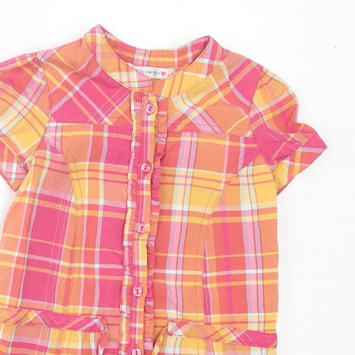 Marks and Spencer Girls Multicoloured Plaid Cotton Shirt Dress Size 3-4 Years Crew Neck Button