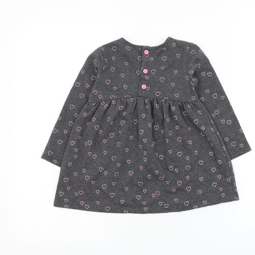 Dunnes Stores Girls Grey Geometric Cotton Skater Dress Size 2-3 Years V-Neck Button - Heart