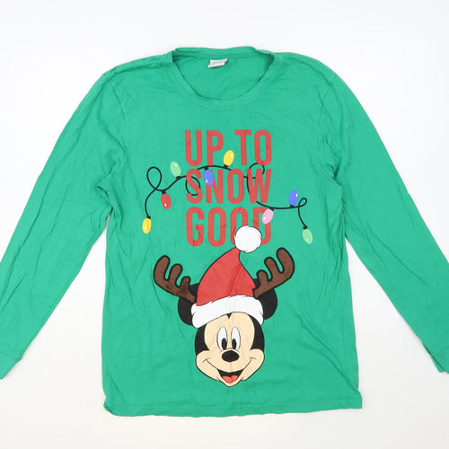 F&F Mens Green Cotton T-Shirt Size M Crew Neck - Mickey Mouse Christmas