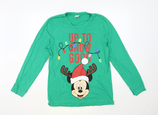 F&F Mens Green Cotton T-Shirt Size M Crew Neck - Mickey Mouse Christmas