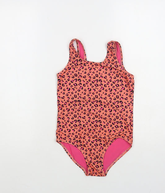 TU Girls Orange Animal Print Polyester Bodysuit One-Piece Size 9 Years Pullover - Swimsuit