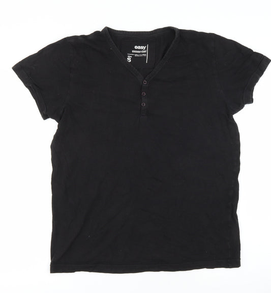 Easy Mens Black Cotton T-Shirt Size S V-Neck