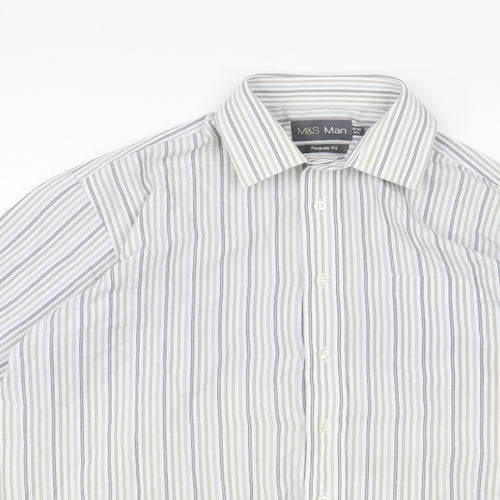 Marks and Spencer Mens White Striped Cotton Dress Shirt Size 15.5 Collared Button