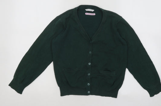 Marks and Spencer Girls Green V-Neck Cotton Cardigan Jumper Size 9-10 Years Button
