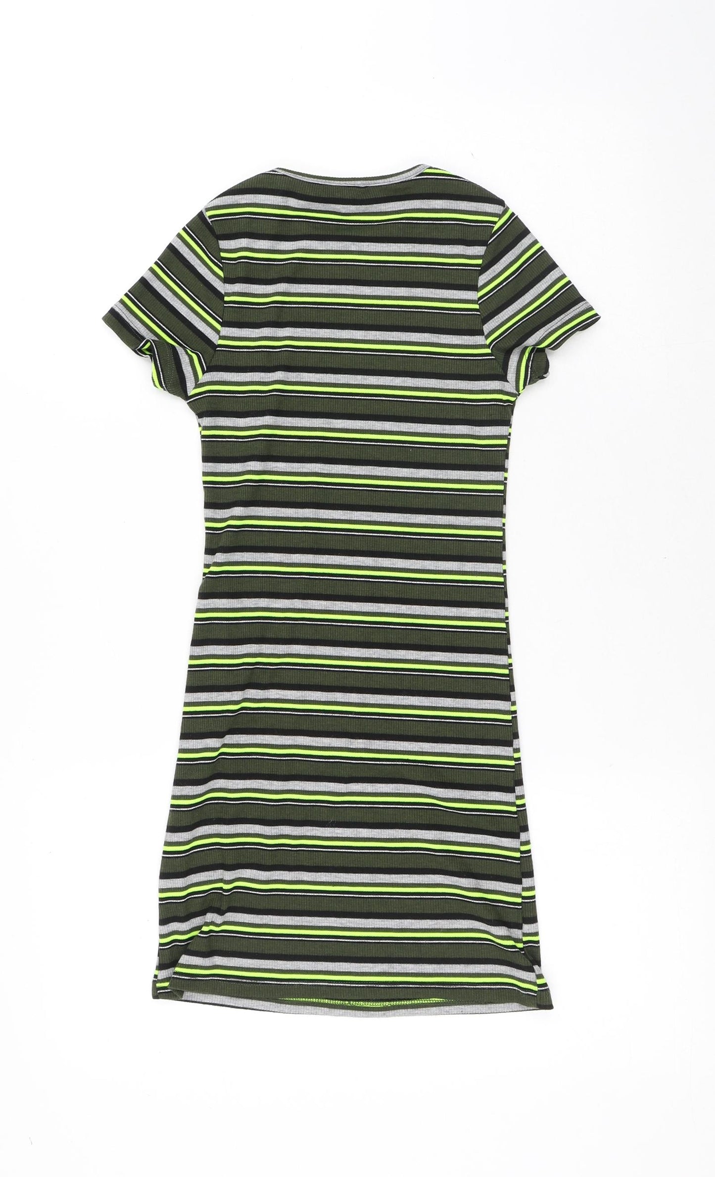 Miss Evie Girls Green Striped Polyester T-Shirt Dress Size 9-10 Years Round Neck Pullover