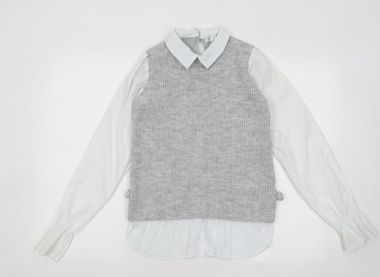 Primark Girls Grey Collared Acrylic Pullover Jumper Size 13-14 Years Button
