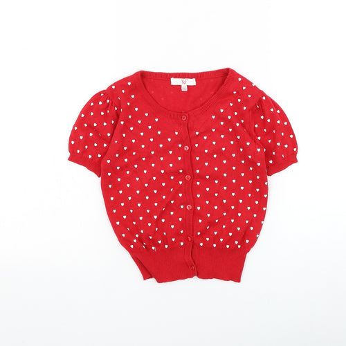 Primark Girls Red Round Neck Geometric Cotton Cardigan Jumper Size 7-8 Years Button - Heart