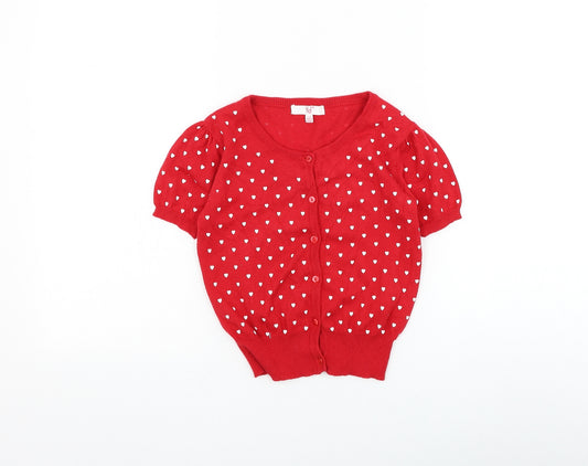 Primark Girls Red Round Neck Geometric Cotton Cardigan Jumper Size 7-8 Years Button - Heart