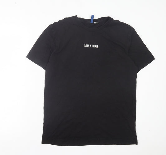 H&M Mens Black Cotton T-Shirt Size M Crew Neck - Love & Order