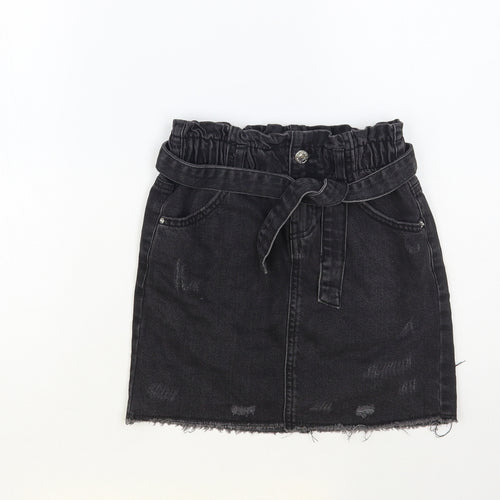 Denim & Co. Girls Black Cotton Mini Skirt Size 10-11 Years Regular Button - Distressed