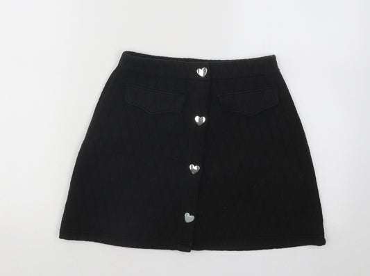 Dunnes Stores Girls Black Geometric Cotton A-Line Skirt Size 10-11 Years Regular Button - Love Heart
