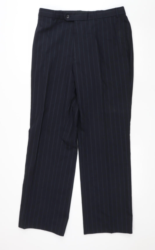 REMUS Mens Black Striped Polyester Dress Pants Trousers Size 34 L31 in Regular Zip