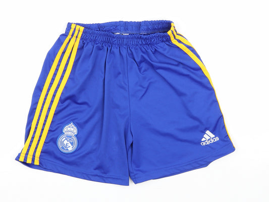 adidas Boys Blue Striped Polyester Sweat Shorts Size S Athletic Drawstring - Madrid Football Club