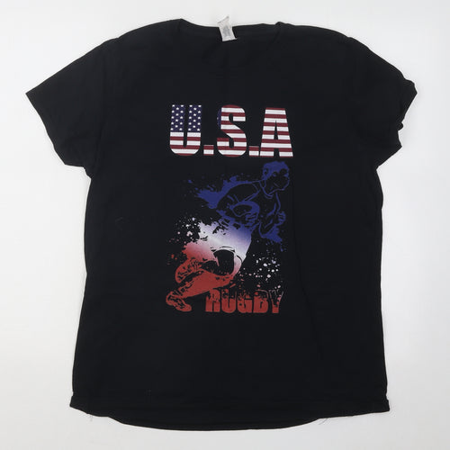 Gildan Mens Black Cotton T-Shirt Size L Round Neck - USA Rugby