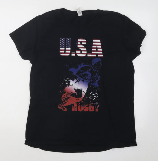 Gildan Mens Black Cotton T-Shirt Size L Round Neck - USA Rugby