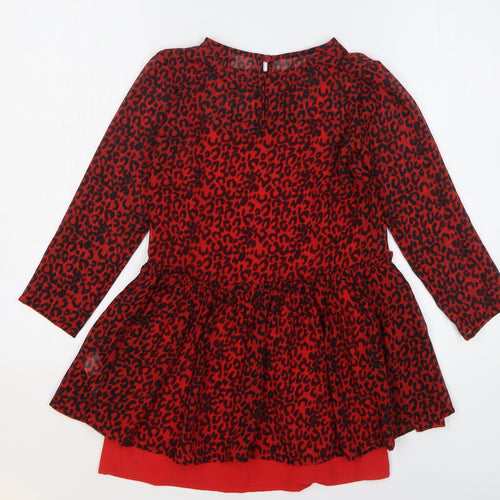 NEXT Girls Red Animal Print Polyester Fit & Flare Size 6 Years Round Neck Button - Leopard Print