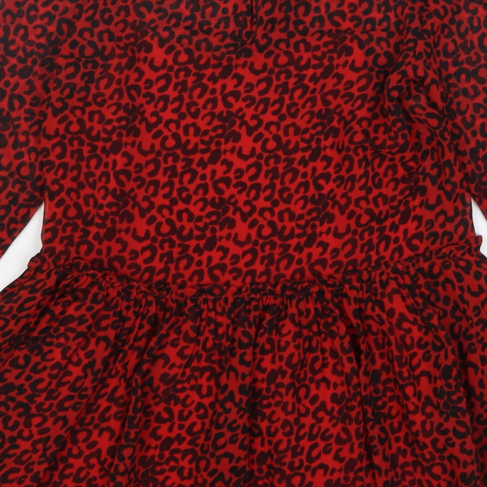 NEXT Girls Red Animal Print Polyester Fit & Flare Size 6 Years Round Neck Button - Leopard Print