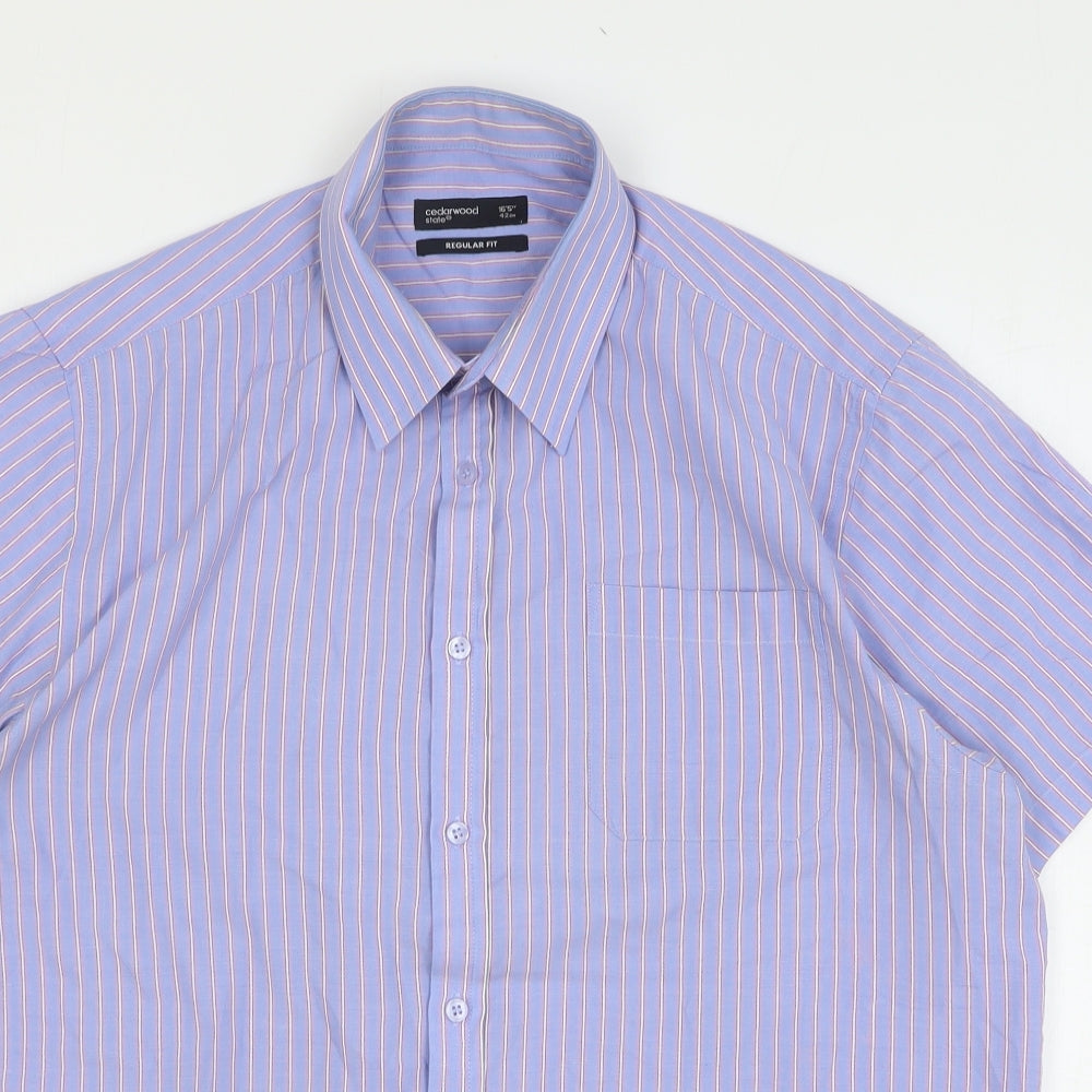 Cedar Wood State Mens Blue Striped Cotton Dress Shirt Size 16.5 Collared Button