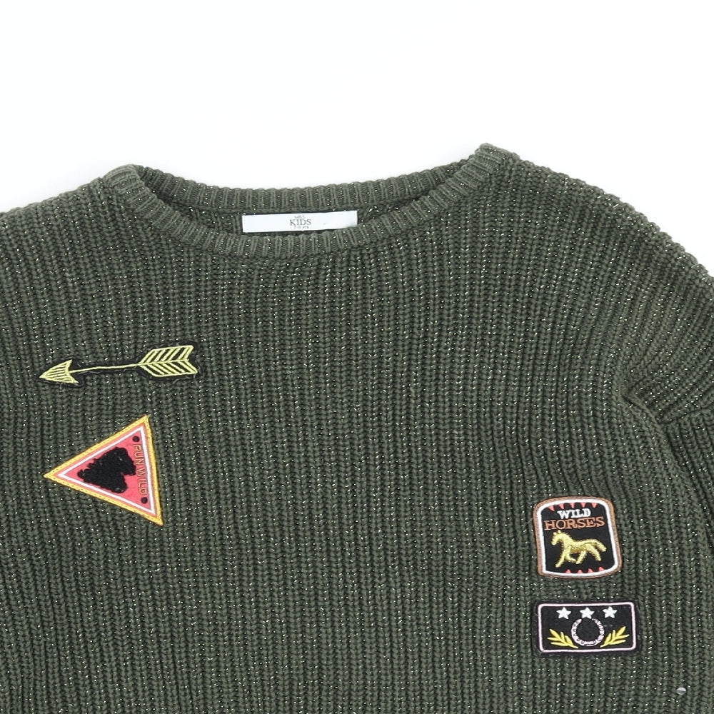 Marks and Spencer Girls Green Round Neck Cotton Pullover Jumper Size 7-8 Years - embroidered badges