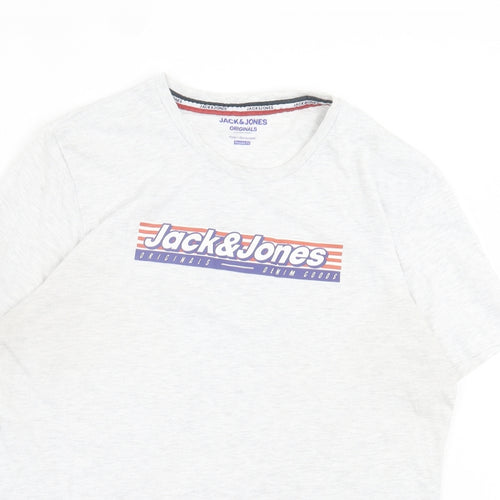 JACK & JONES Mens Grey Cotton T-Shirt Size L Crew Neck