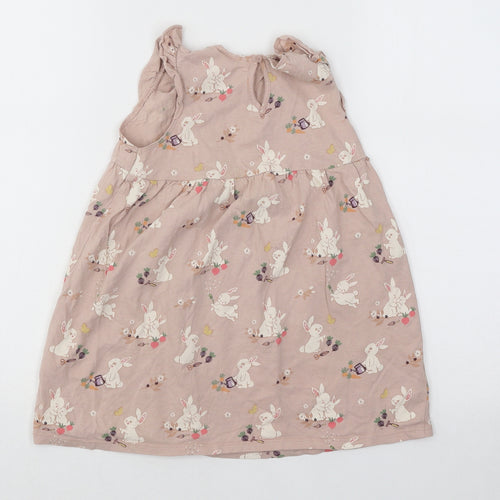 H&M Girls Pink Geometric Cotton A-Line Size 3-4 Years Round Neck Button - Bunnies