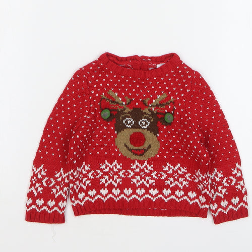 LC Waikiki Boys Red Fair Isle Acrylic Pullover Jumper Size 6-9 Months Button - Christmas Reindeer