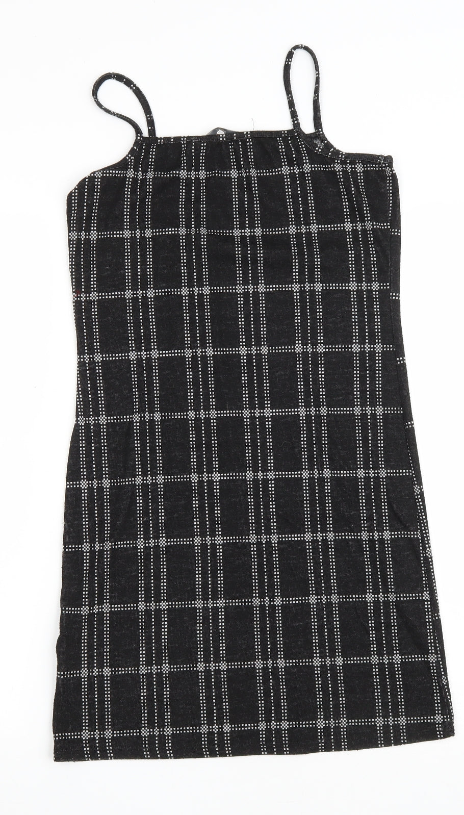 Miss E-Vie Girls Black Plaid Polyester Tank Dress Size 13-14 Years Square Neck Pullover
