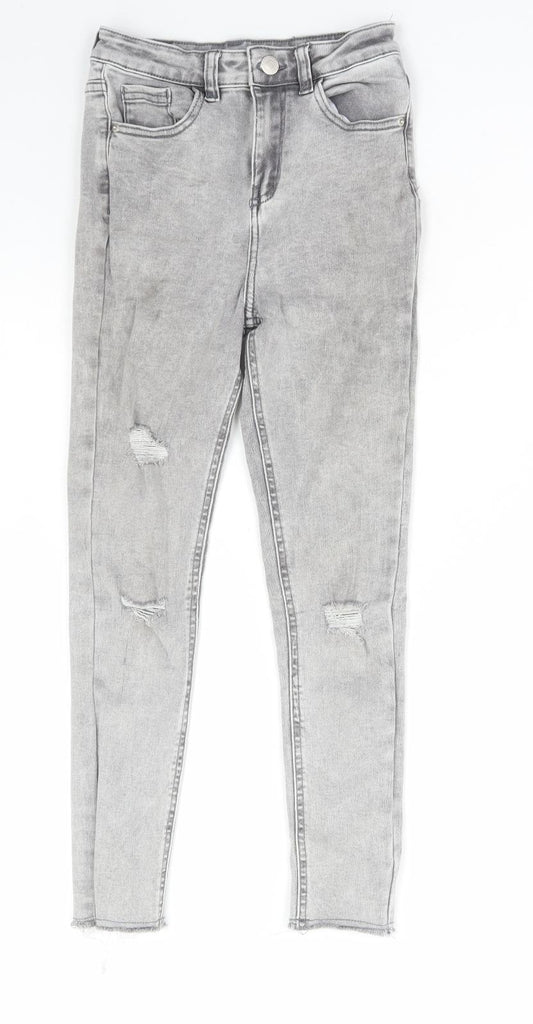 George Girls Grey Cotton Skinny Jeans Size 9-10 Years Regular Zip - Distressed