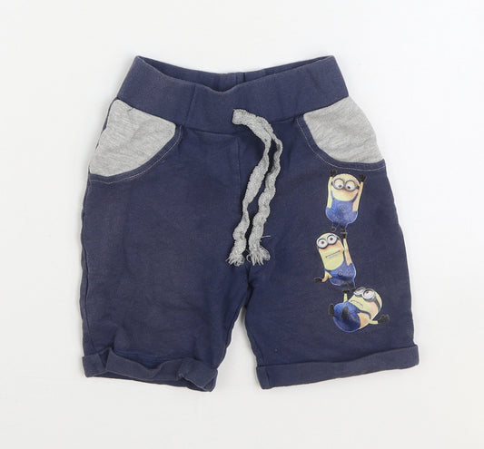 Despicable Me Boys Blue Cotton Sweat Shorts Size 5-6 Years Regular Drawstring - MInions