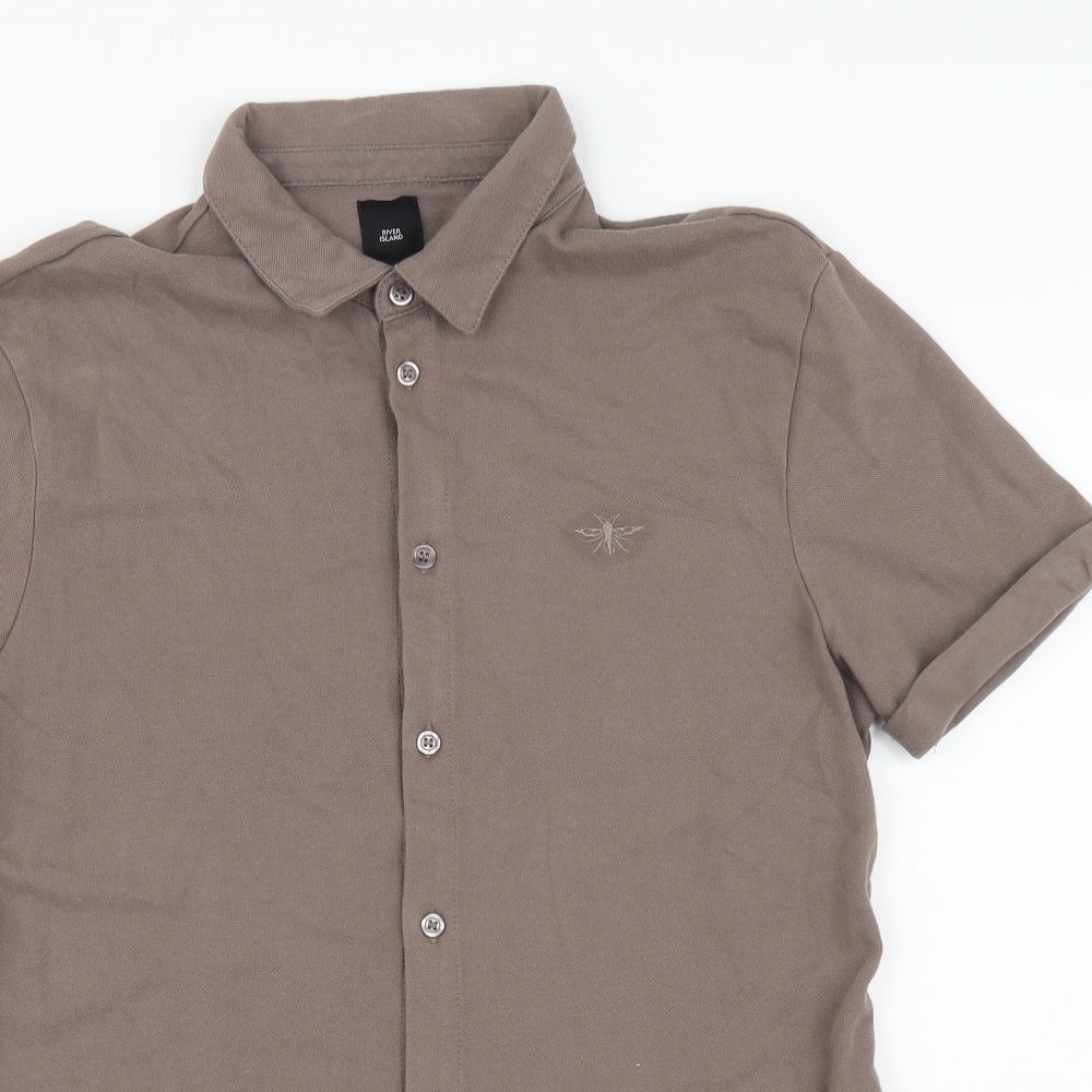 River Island Mens Brown Cotton Button-Up Size M Collared Button - Wasp embroidery