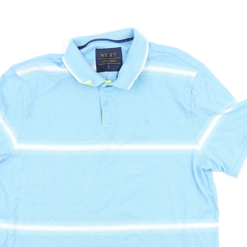 NEXT Mens Blue Striped Polyester Polo Size L Collared Button