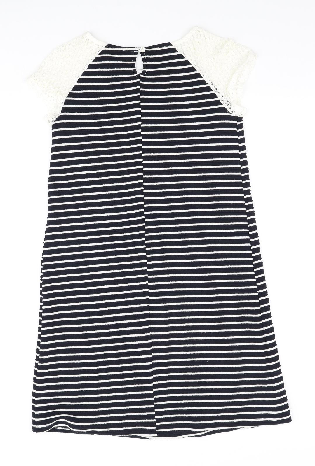 Young Dimension Girls Blue Striped Polyester A-Line Size 12-13 Years Round Neck Button - Lace sleeve detail