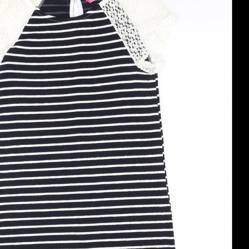 Young Dimension Girls Blue Striped Polyester A-Line Size 12-13 Years Round Neck Button - Lace sleeve detail