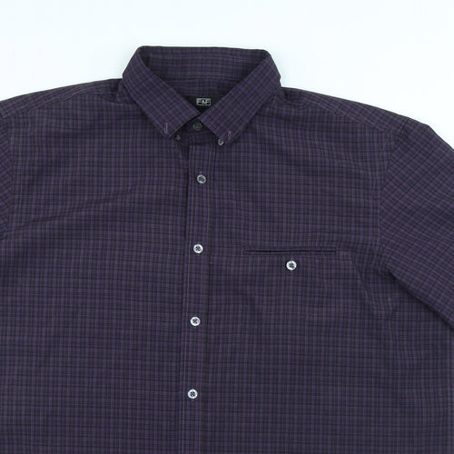 F&F Mens Purple Check Polyester Button-Up Size L Collared Button