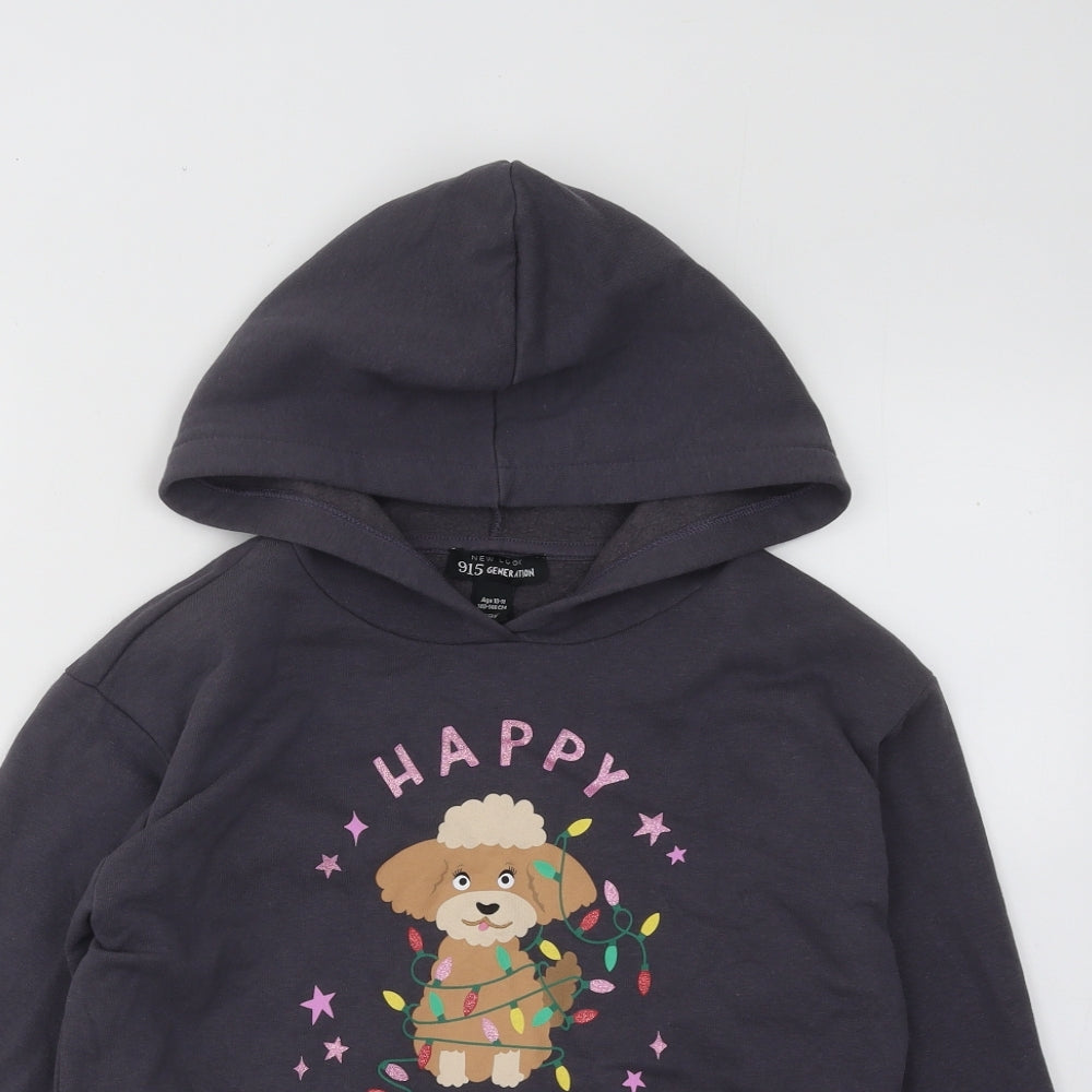 New Look Girls Grey Cotton Pullover Hoodie Size 10-11 Years Pullover - Puppy Happy Holidays