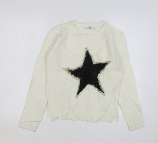 Marks and Spencer Girls Ivory Round Neck Acrylic Pullover Jumper Size 10-11 Years Pullover - Star