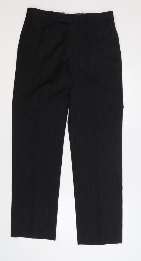 Limehaus Mens Black Striped Polyester Trousers Size 32 L32 in Regular Hook & Eye
