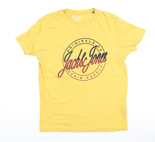 JACK & JONES Mens Yellow Cotton T-Shirt Size M Round Neck