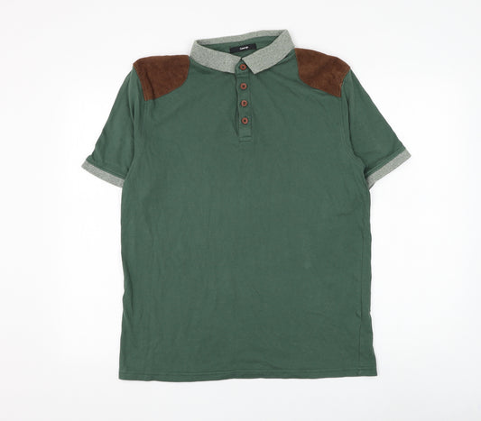 George Mens Green Cotton Polo Size M Collared Button - Shoulder Patch