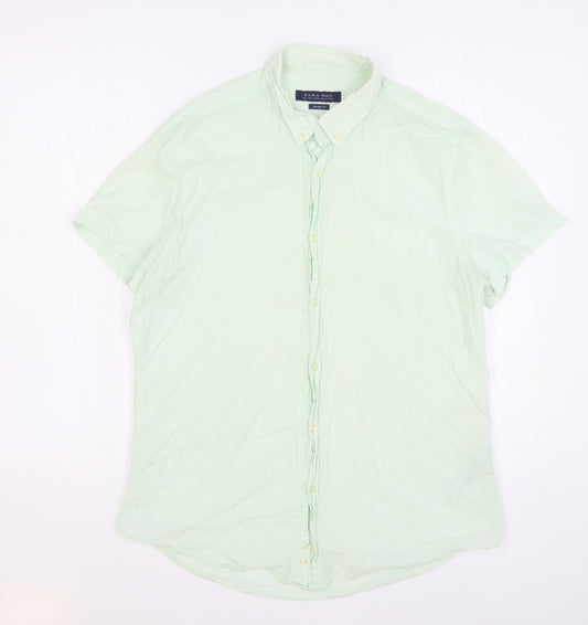 Zara Mens Green Cotton Button-Up Size L Collared Button