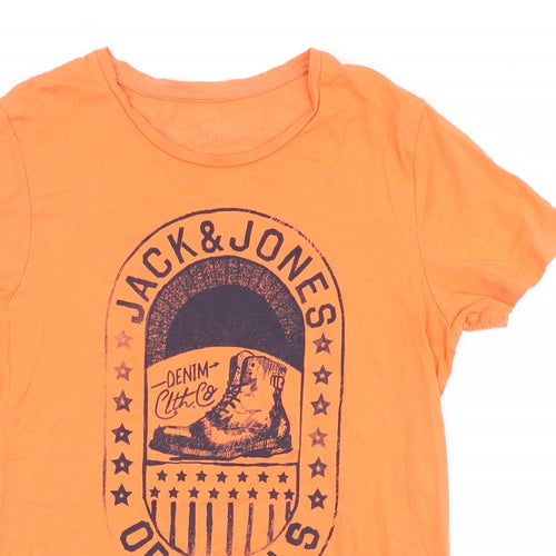 JACK & JONES Mens Orange Cotton T-Shirt Size S Round Neck