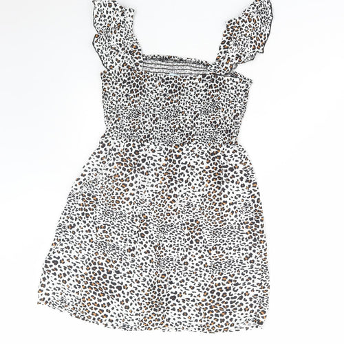 Primark Girls Brown Animal Print Viscose Fit & Flare Size 10-11 Years Square Neck Pullover - Leopard Print