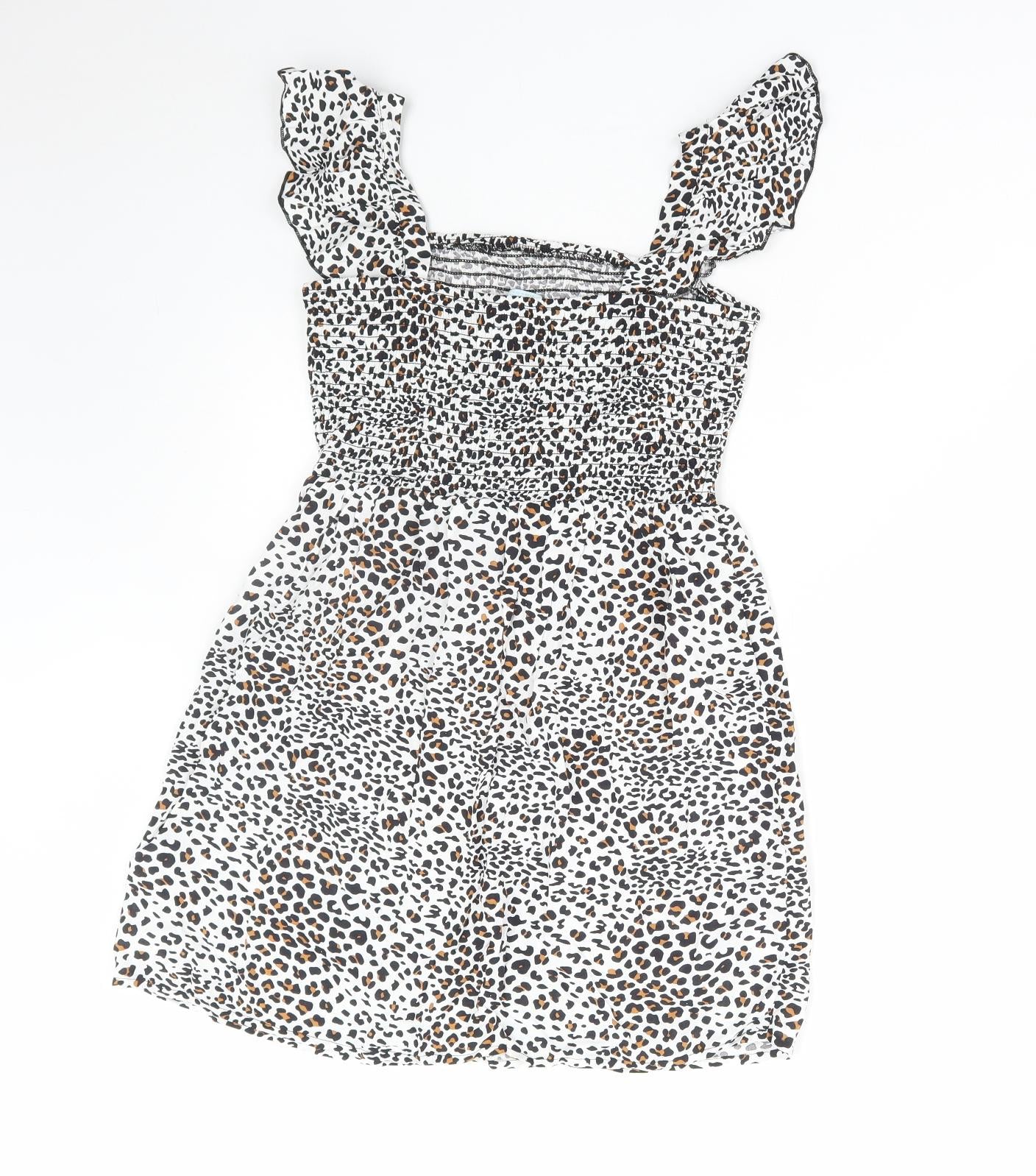 Primark Girls Brown Animal Print Viscose Fit & Flare Size 10-11 Years Square Neck Pullover - Leopard Print