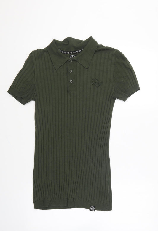 Fabric Mens Green Viscose Polo Size XS Collared Button