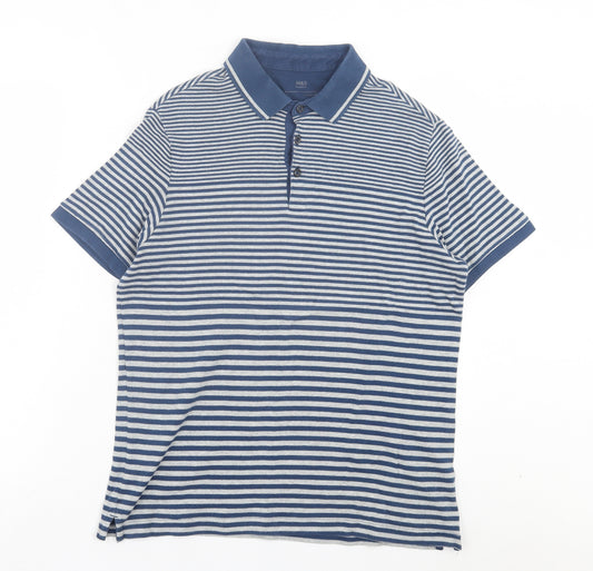Marks and Spencer Mens Blue Striped Polyester Polo Size S Collared Button