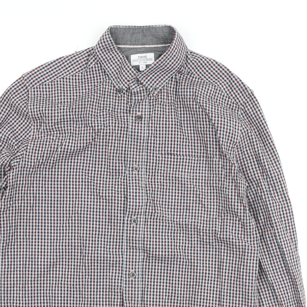 NEXT Mens Grey Plaid Cotton Button-Up Size S Collared Button