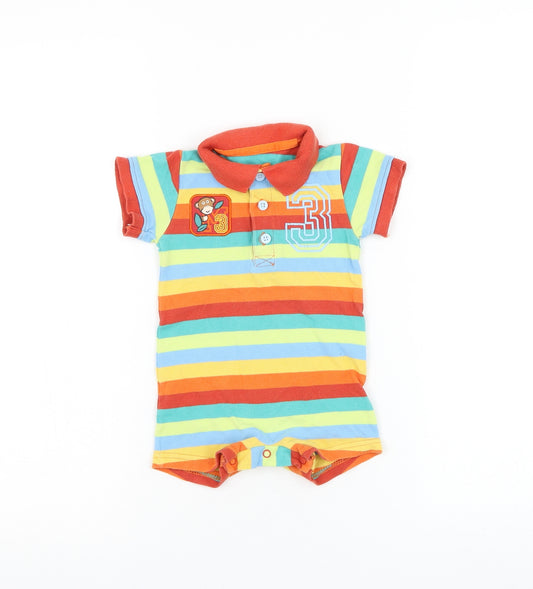 Marks and Spencer Boys Multicoloured Striped Cotton Babygrow One-Piece Size 6-9 Months Button - Monkey
