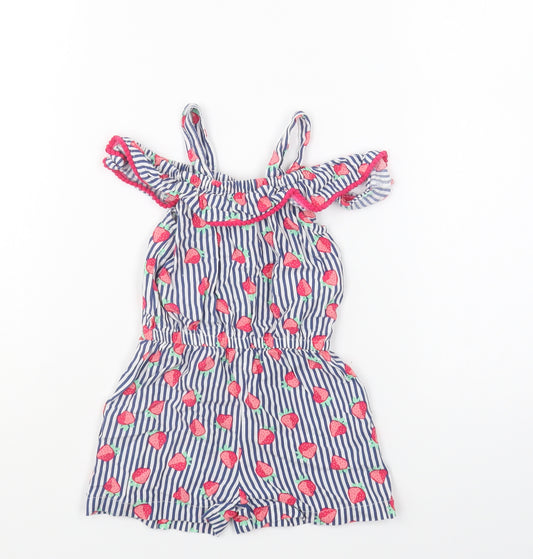 Penelope Mack Girls Blue Striped Cotton Playsuit One-Piece Size 3 Years Pullover - Strawberries