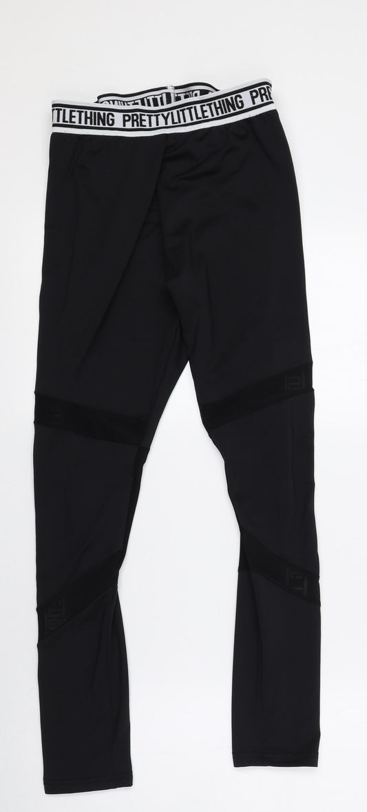 PRETTYLITTLETHING Womens Black Polyester Compression Leggings Size 10 L24.5 in Regular - Logo